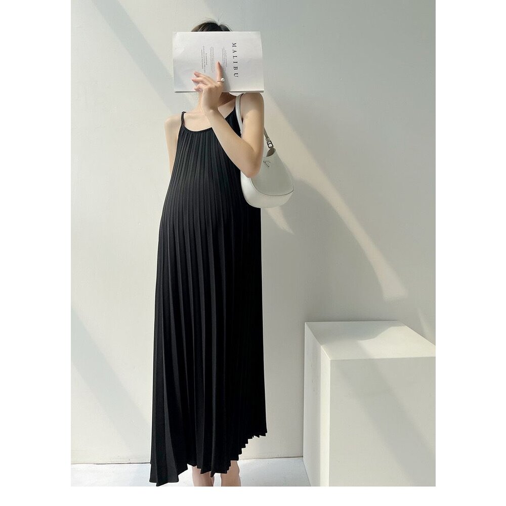 【D1392】 奢華小香風 夏日 雪紡 百褶 細肩 無袖 洋裝 高腰 連衣裙 韓系 實拍 雪紡裙 吊帶長裙 封面照片