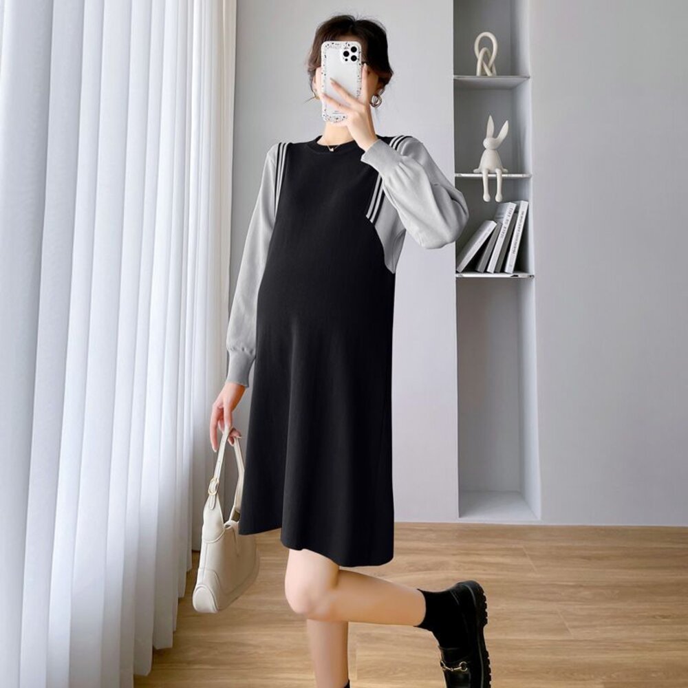 D1449-【D1449】 春秋 法式 拼接 修身 顯瘦 洋裝 韓系 針織 連衣裙 實拍 孕婦裝