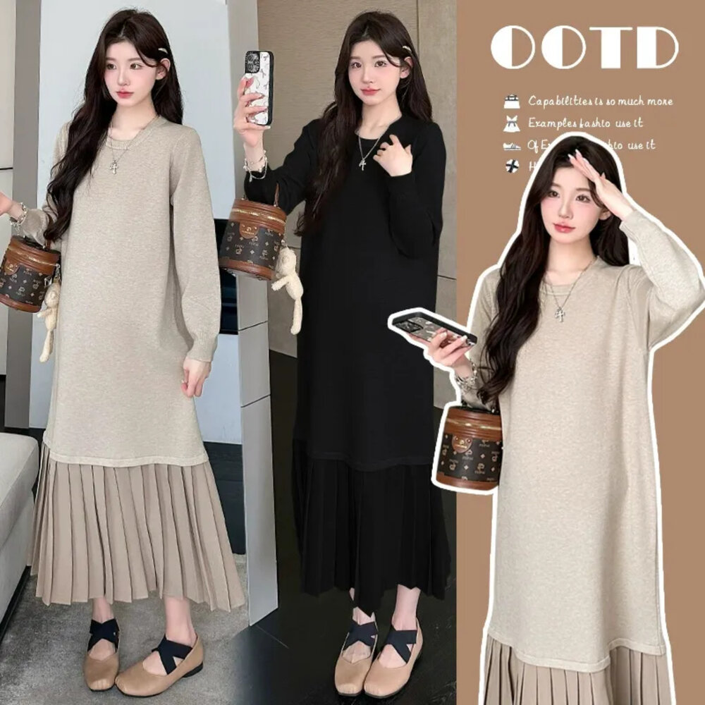  【D1638】秋冬 韓系 寬鬆 針織 洋裝 燈籠袖 泡泡袖 針織 長袖 毛衣 孕婦裝 長裙洋裝 實拍