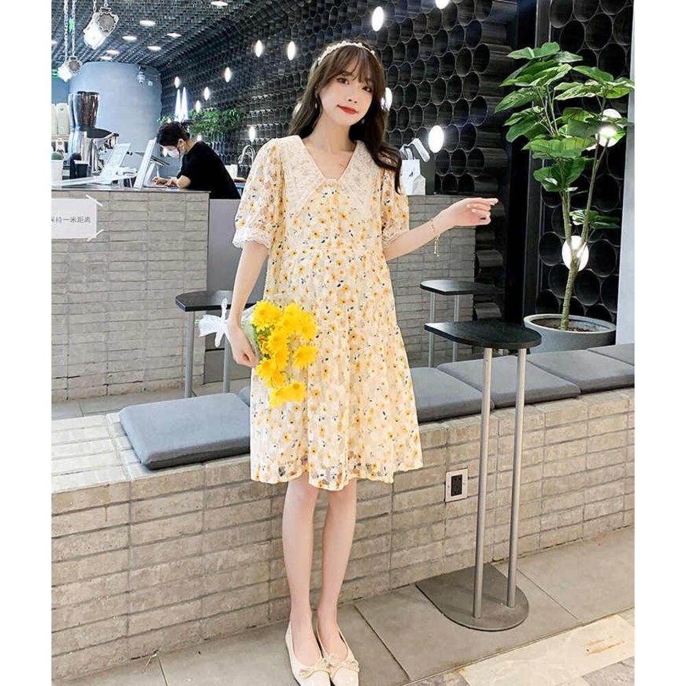 【D1870】 夏日 V領 日系 甜美 蕾絲 碎花 短袖 泡泡袖 印花 洋裝 連身裙 實拍 韓系-圖片-3