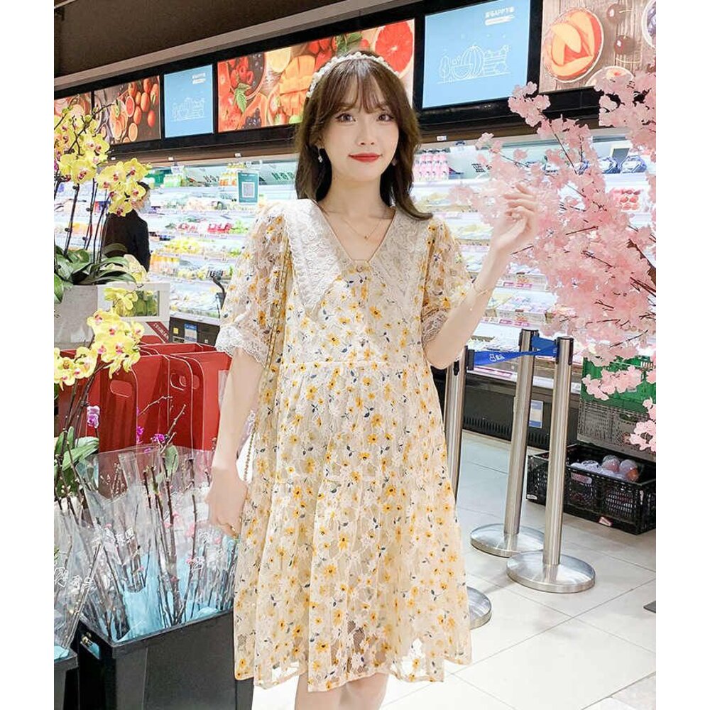 【D1870】 夏日 V領 日系 甜美 蕾絲 碎花 短袖 泡泡袖 印花 洋裝 連身裙 實拍 韓系-圖片-4