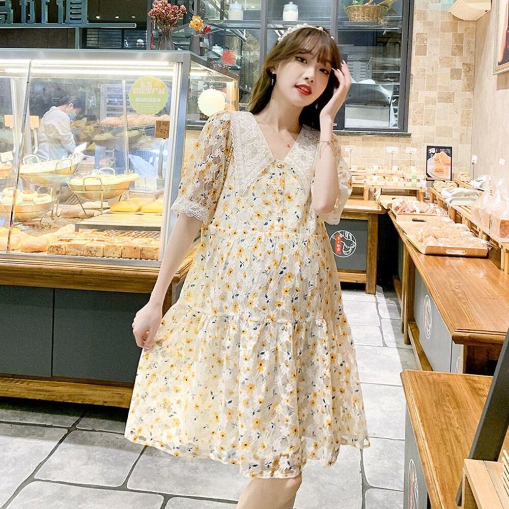 【D1870】 夏日 V領 日系 甜美 蕾絲 碎花 短袖 泡泡袖 印花 洋裝 連身裙 實拍 韓系-圖片-5