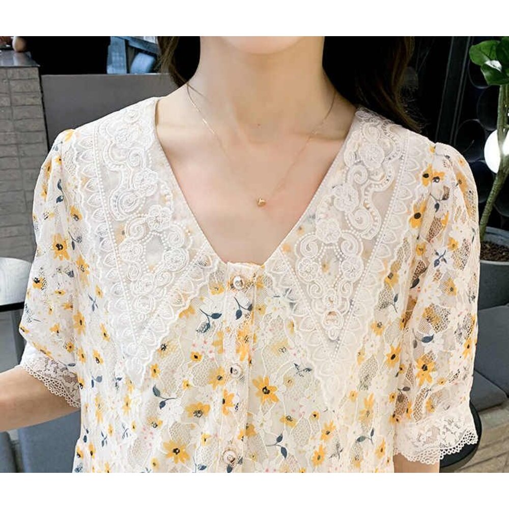 【D1870】 夏日 V領 日系 甜美 蕾絲 碎花 短袖 泡泡袖 印花 洋裝 連身裙 實拍 韓系-圖片-6