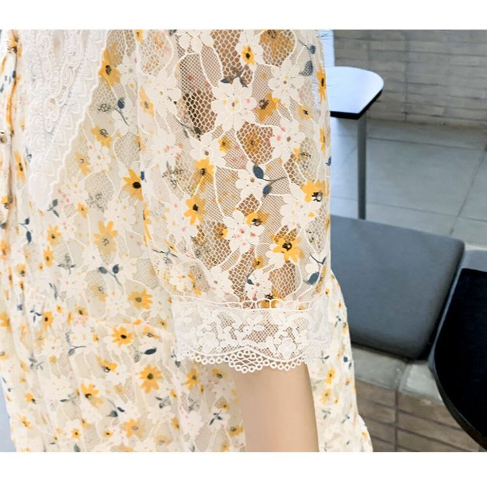【D1870】 夏日 V領 日系 甜美 蕾絲 碎花 短袖 泡泡袖 印花 洋裝 連身裙 實拍 韓系-圖片-7
