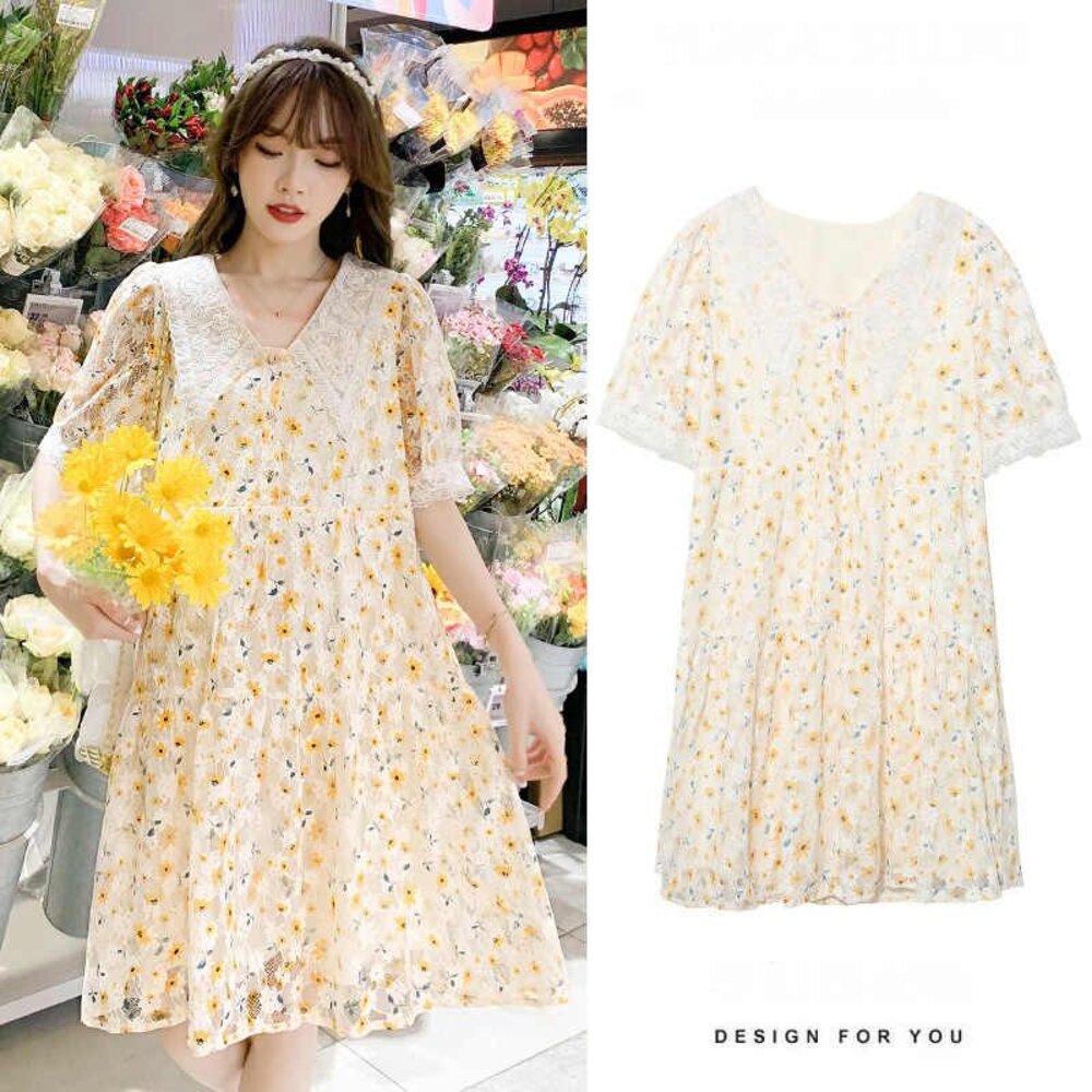 【D1870】 夏日 V領 日系 甜美 蕾絲 碎花 短袖 泡泡袖 印花 洋裝 連身裙 實拍 韓系-圖片-9