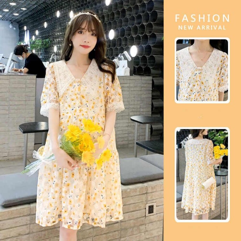 【D1870】夏日V領日系甜美蕾絲碎花短袖泡泡袖印花洋裝連身裙實拍韓系