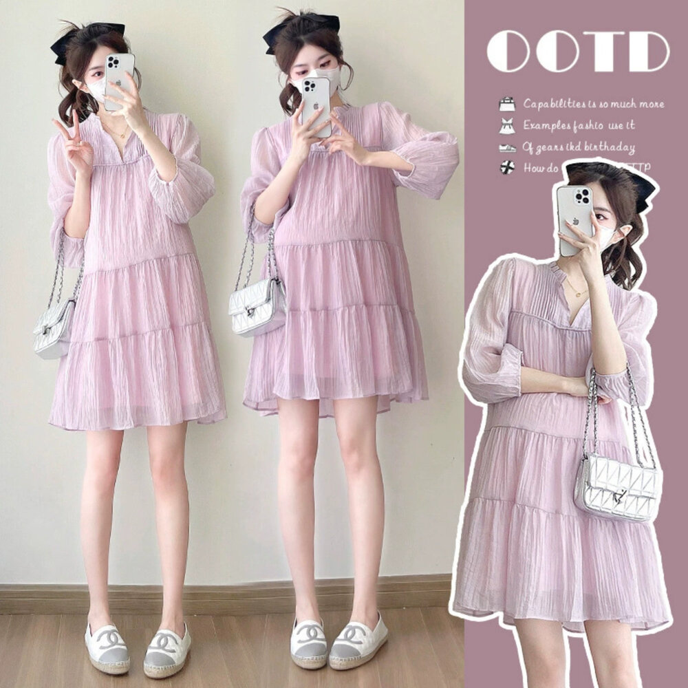 D2011-【D2011】春季 薄款 純色  花邊 V領 親膚 連衣裙 洋裝 長袖 韓系 孕婦裝 實拍