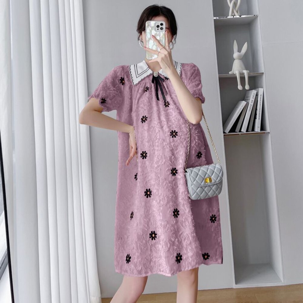 【D2075】 夏日 法式 繡花 翻領 短袖 洋裝 公主袖 連衣裙 實拍-圖片-1