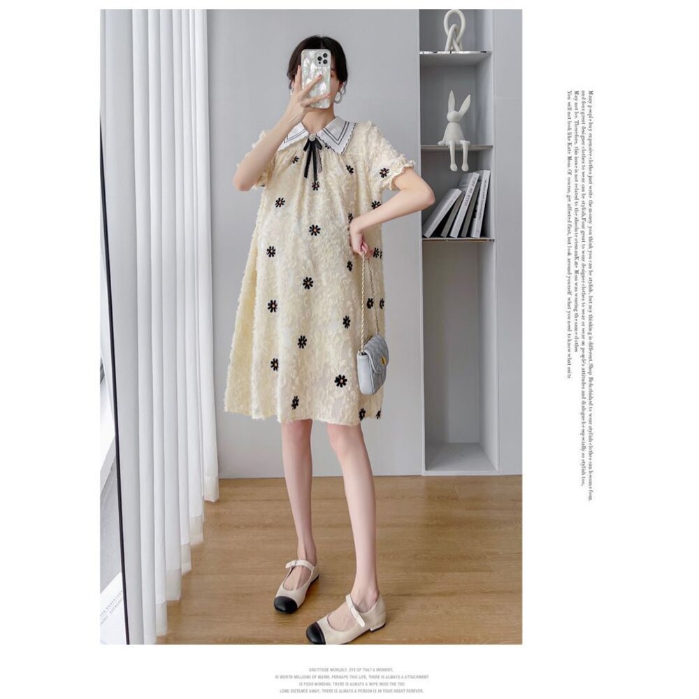 【D2075】 夏日 法式 繡花 翻領 短袖 洋裝 公主袖 連衣裙 實拍-圖片-2