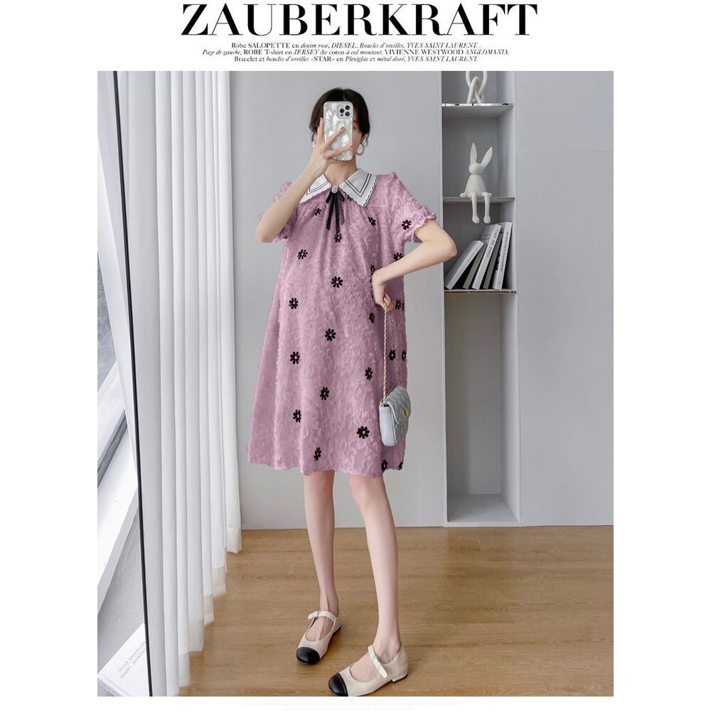 【D2075】 夏日 法式 繡花 翻領 短袖 洋裝 公主袖 連衣裙 實拍-圖片-3