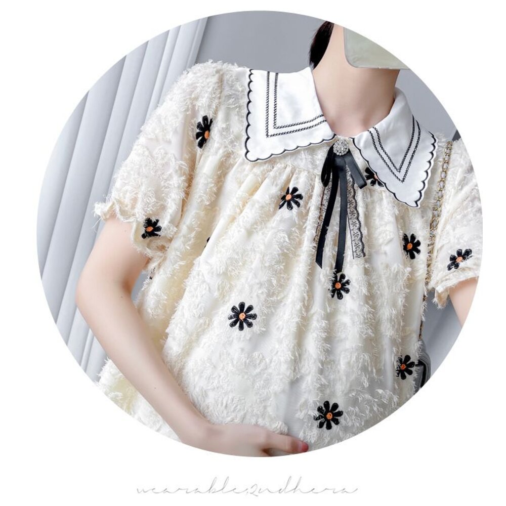 【D2075】 夏日 法式 繡花 翻領 短袖 洋裝 公主袖 連衣裙 實拍-圖片-4