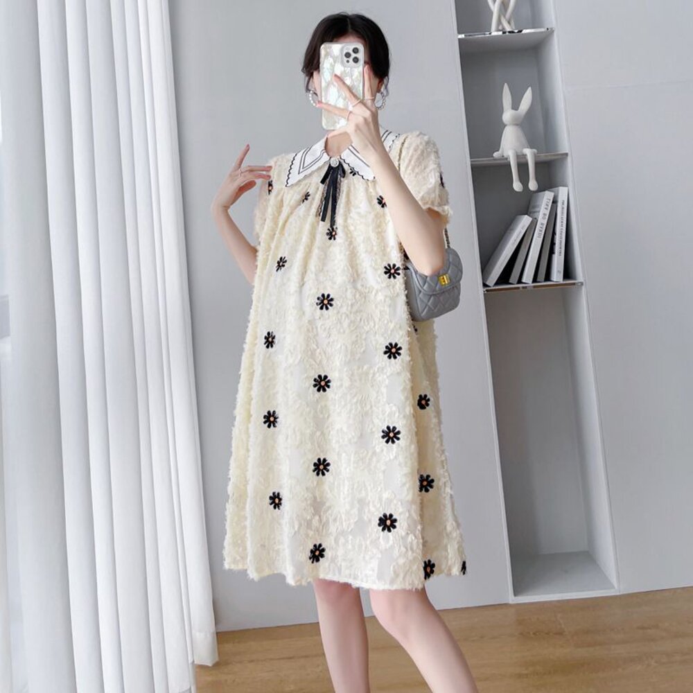 【D2075】 夏日 法式 繡花 翻領 短袖 洋裝 公主袖 連衣裙 實拍-圖片-5