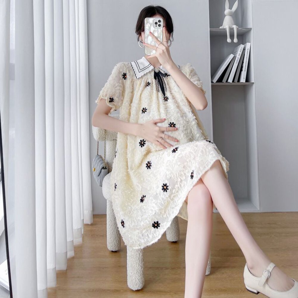 【D2075】 夏日 法式 繡花 翻領 短袖 洋裝 公主袖 連衣裙 實拍-圖片-6