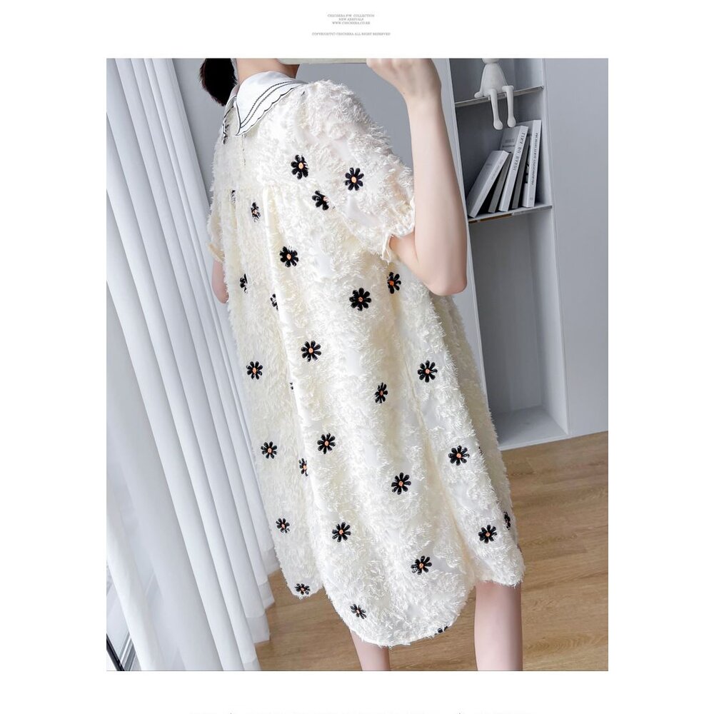 【D2075】 夏日 法式 繡花 翻領 短袖 洋裝 公主袖 連衣裙 實拍-圖片-7