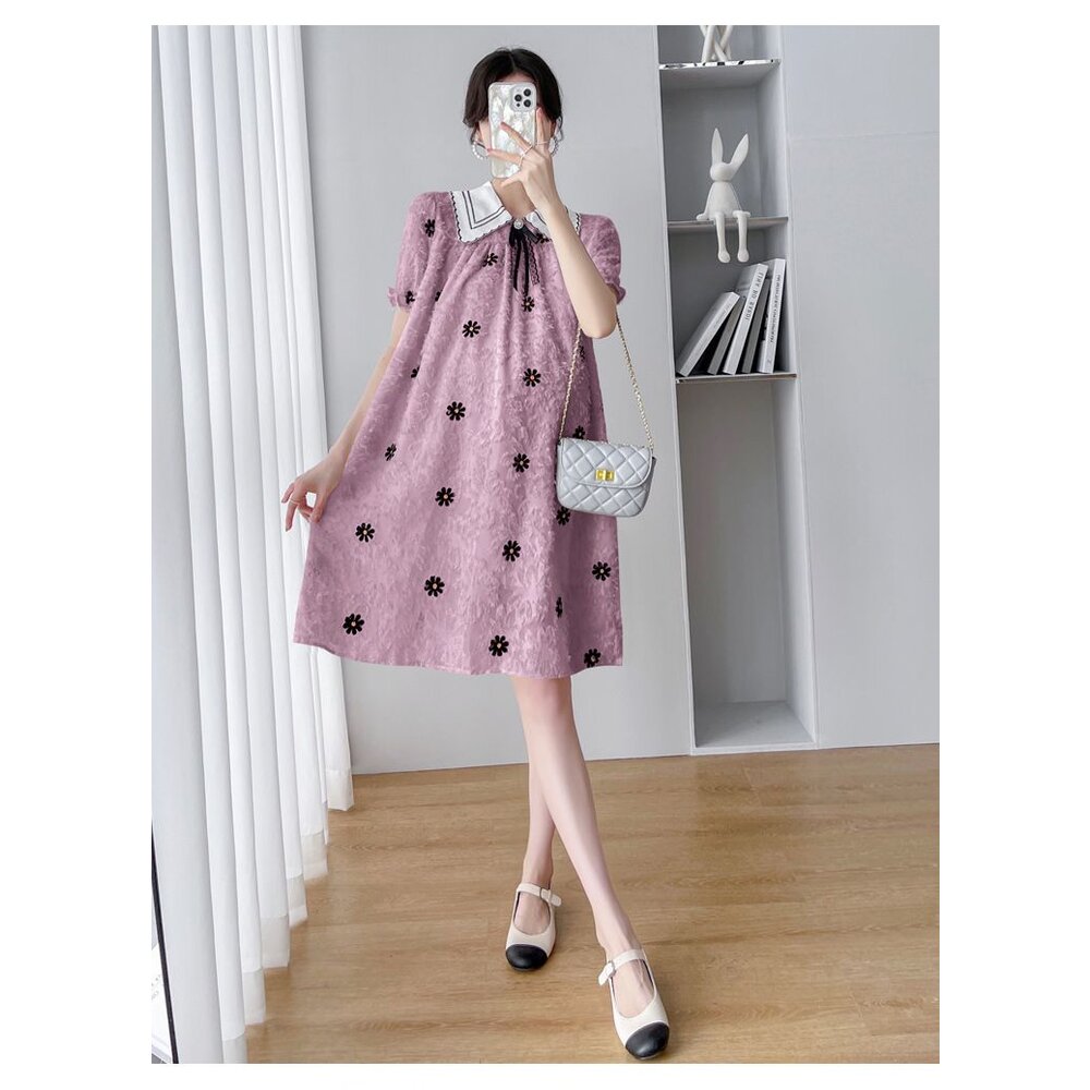 【D2075】 夏日 法式 繡花 翻領 短袖 洋裝 公主袖 連衣裙 實拍-圖片-8