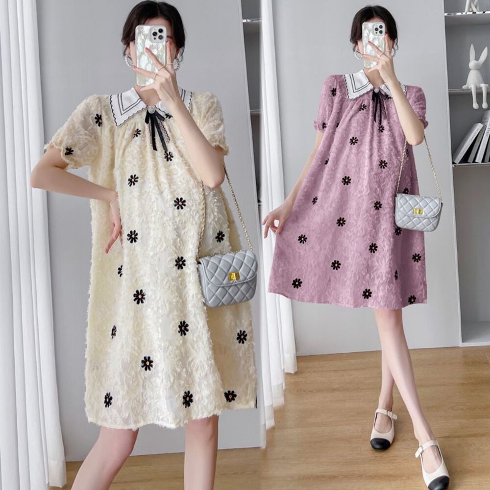 【D2075】夏日法式繡花翻領短袖洋裝公主袖連衣裙實拍