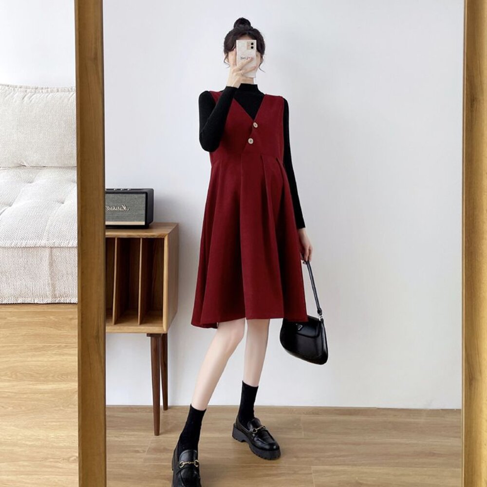 【D2188】 秋冬 韓系 實拍 V領 洋裝 鈕扣 純色 豹紋 質感 斜紋 磨毛 背心裙 背心洋裝 連衣裙 不含上衣-圖片-4