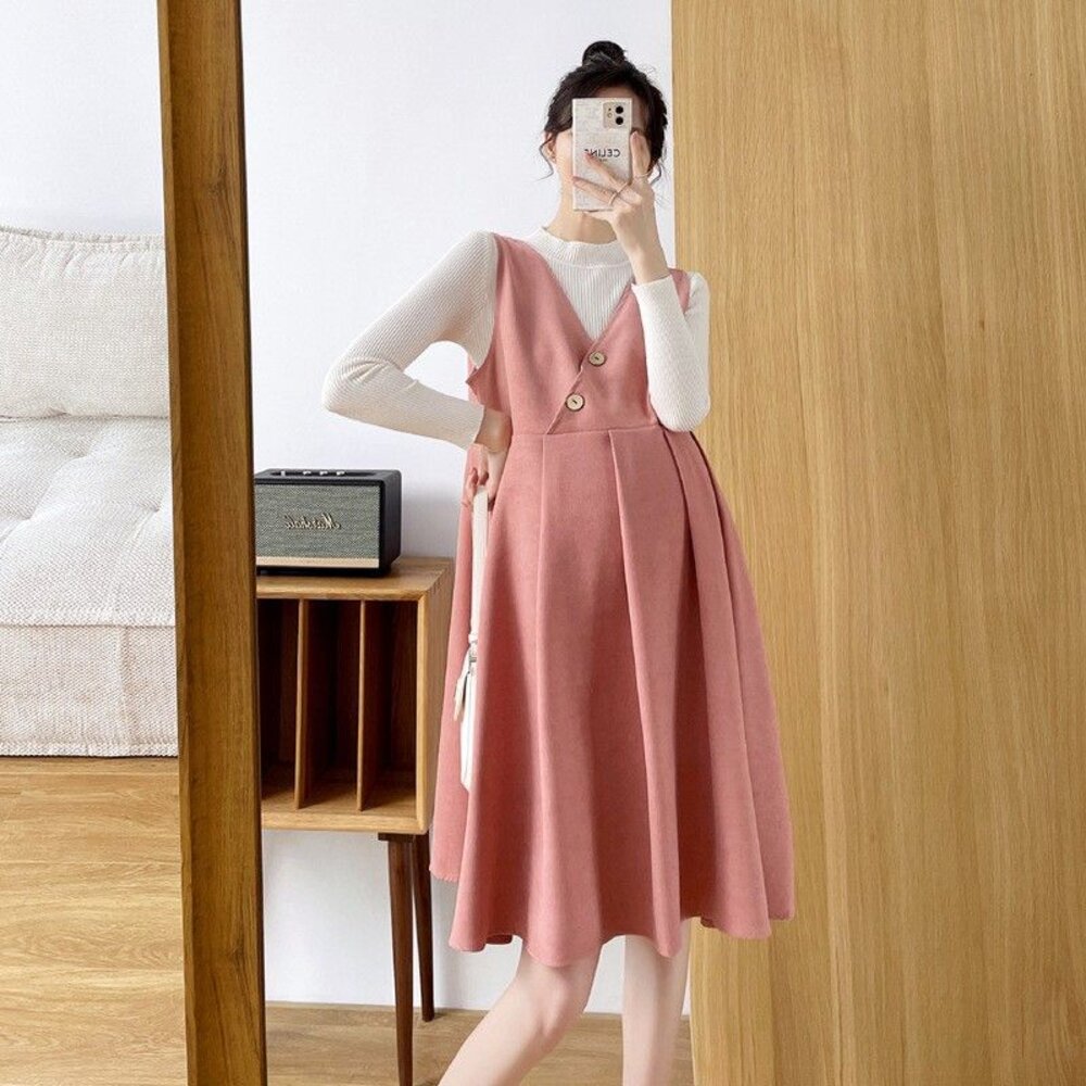 【D2188】 秋冬 韓系 實拍 V領 洋裝 鈕扣 純色 豹紋 質感 斜紋 磨毛 背心裙 背心洋裝 連衣裙 不含上衣-圖片-6