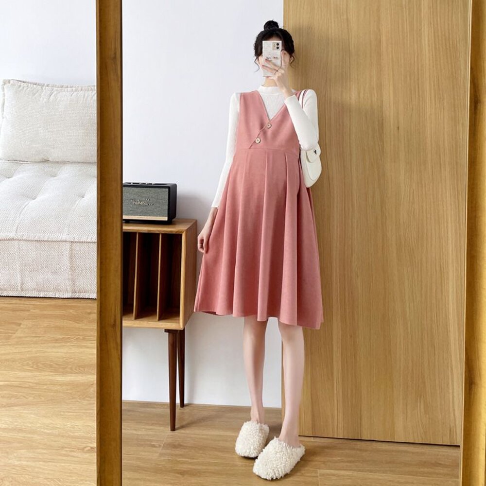 【D2188】 秋冬 韓系 實拍 V領 洋裝 鈕扣 純色 豹紋 質感 斜紋 磨毛 背心裙 背心洋裝 連衣裙 不含上衣-圖片-8