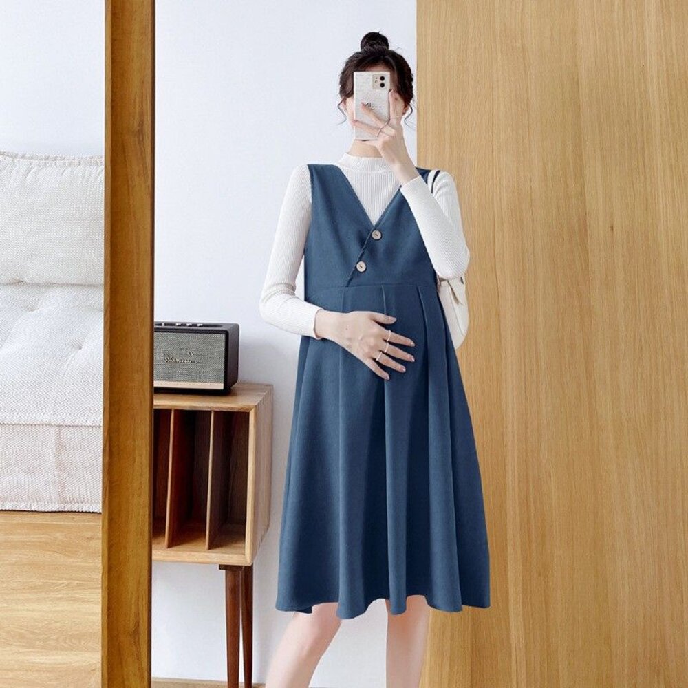 【D2188】秋冬韓系實拍V領洋裝鈕扣純色豹紋質感斜紋磨毛背心裙背心洋裝連衣裙不含上衣