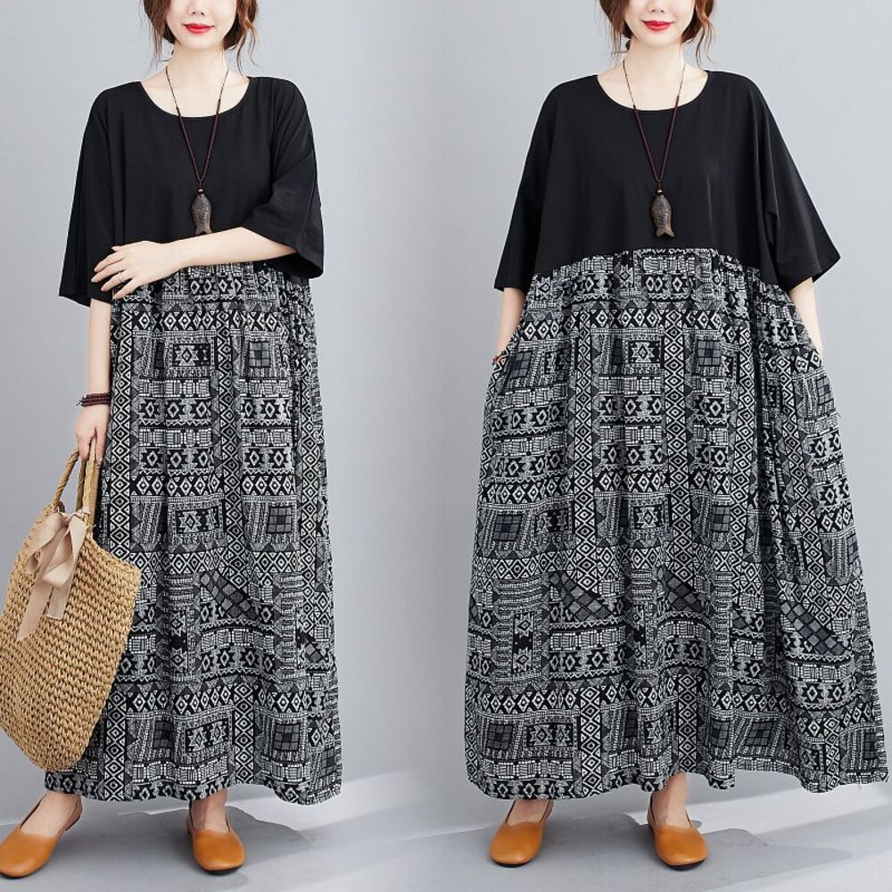 D2229-【D2229】 夏日 實拍 拼色 棉麻 中袖 寬鬆 文藝 中大尺碼 洋裝 長裙 短袖 長洋裝