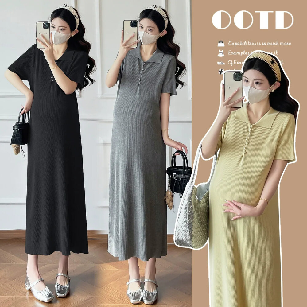  【D2305】 夏日 POLO領 坑條 薄款 彈性 翻領 短袖 孕婦裝 連衣裙 洋裝 長裙 實拍