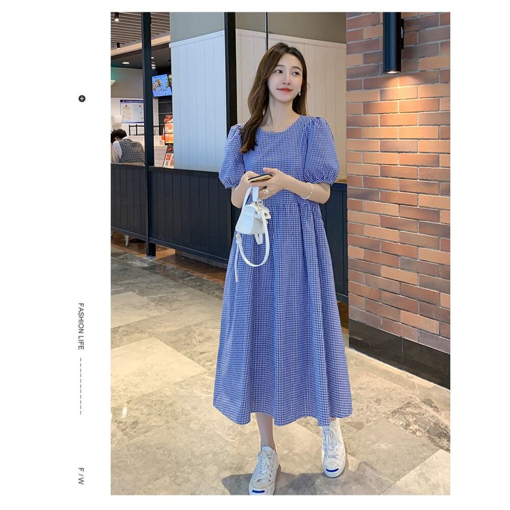 【D2355】 夏日 韓系 實拍 格紋 泡泡袖 長裙 長洋裝 格子 短袖 孕婦裝-圖片-4