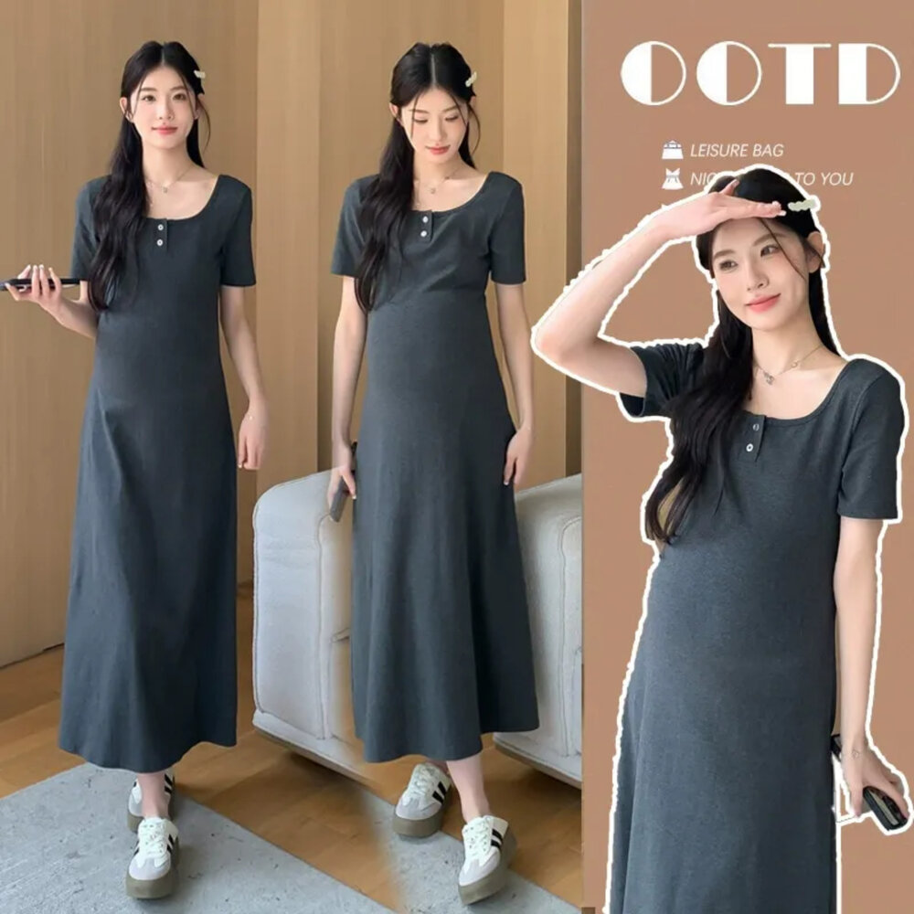 【D2372】 夏日 開扣 修身 顯瘦 純色 短袖 孕婦裝 連身 長裙 實拍 長洋裝 封面照片