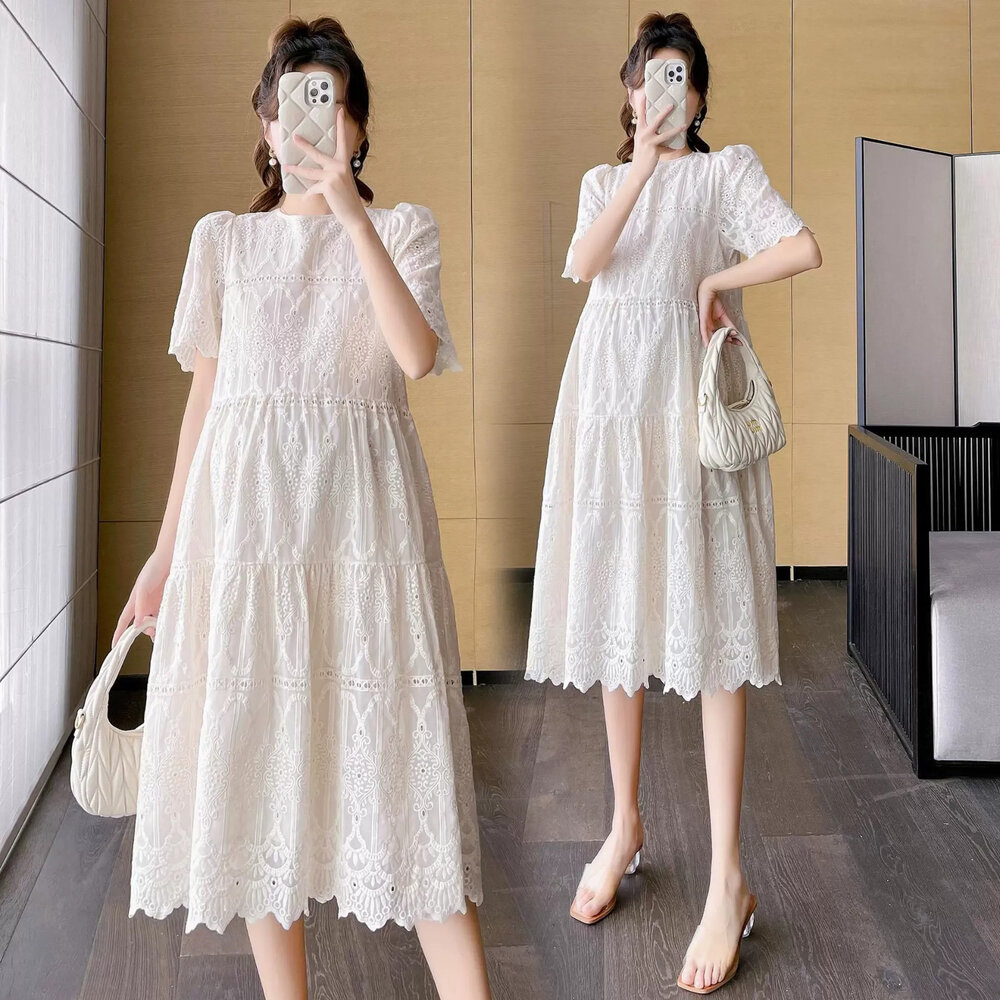  【D2457】 夏日 韓系 實拍 短袖洋裝 繡花 布蕾絲 刺繡 短袖 孕婦裙 孕婦裝 娃娃裝