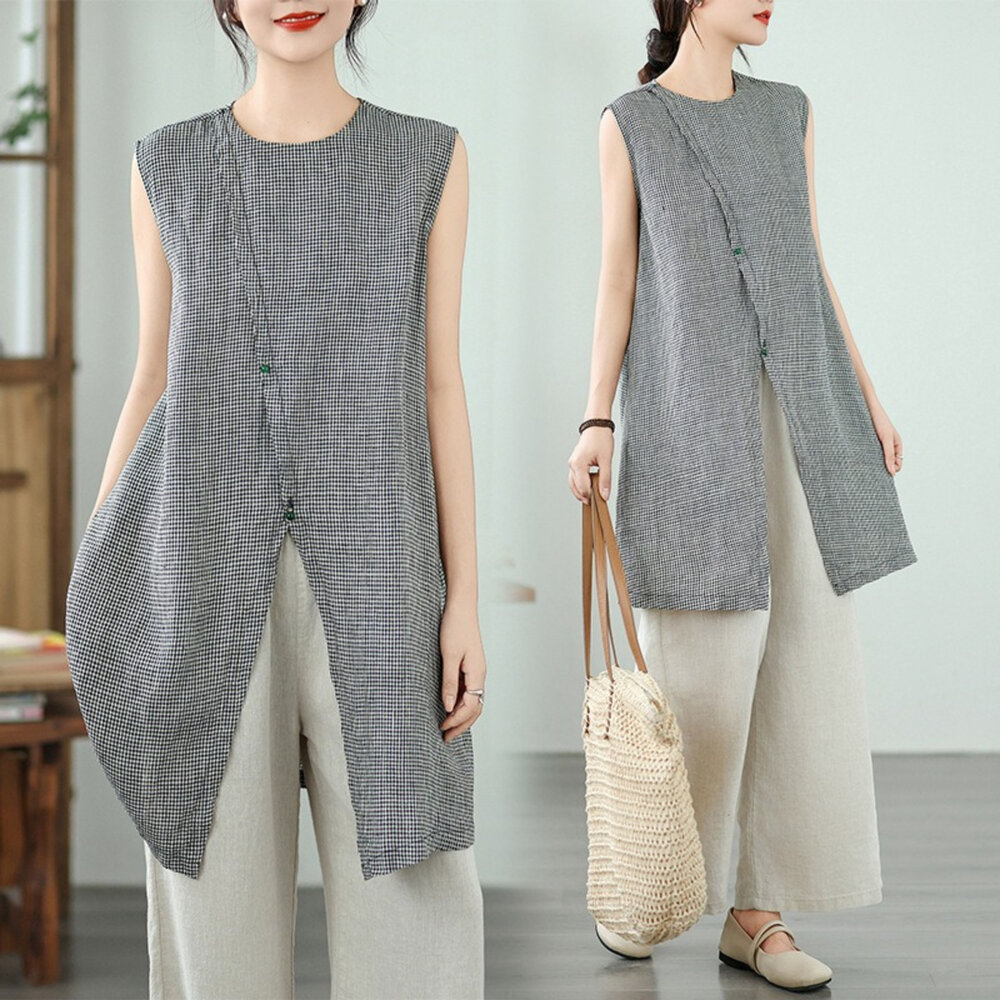 【D2551】 夏日 棉麻 黑白 格紋 無袖 襯衫 亞麻 格子 背心  實拍 文藝 封面照片