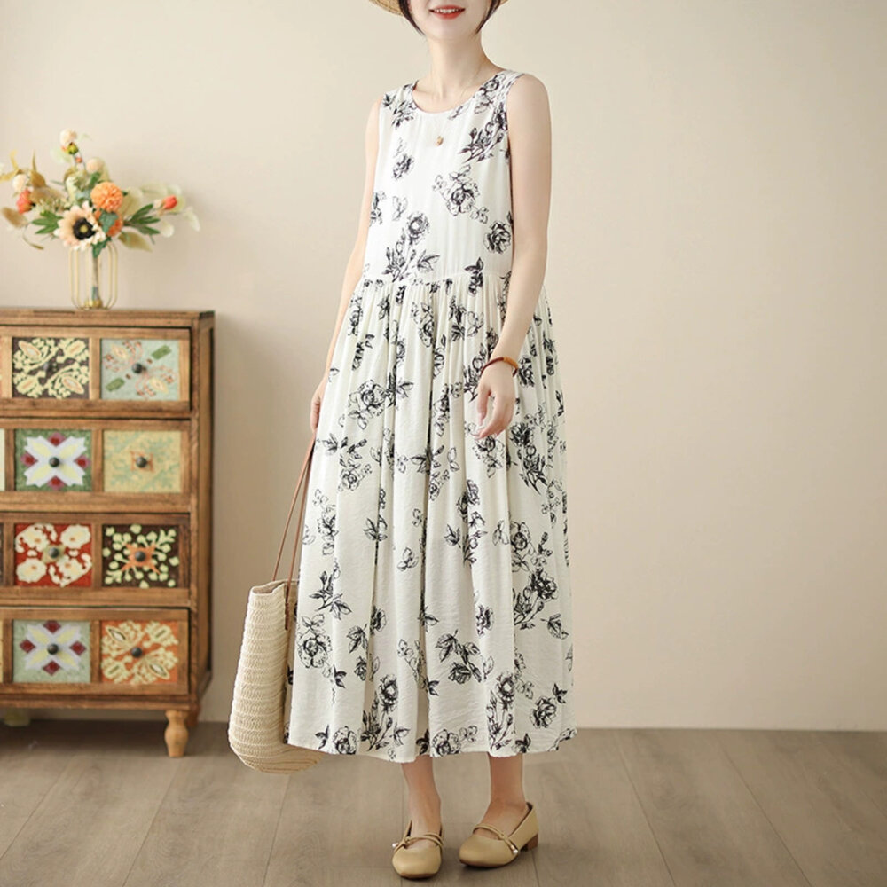 D2718-【D2718】 夏日 度假風 棉麻 印花 洋裝 連身裙 無袖 修身 花朵 中長款 實拍 文藝