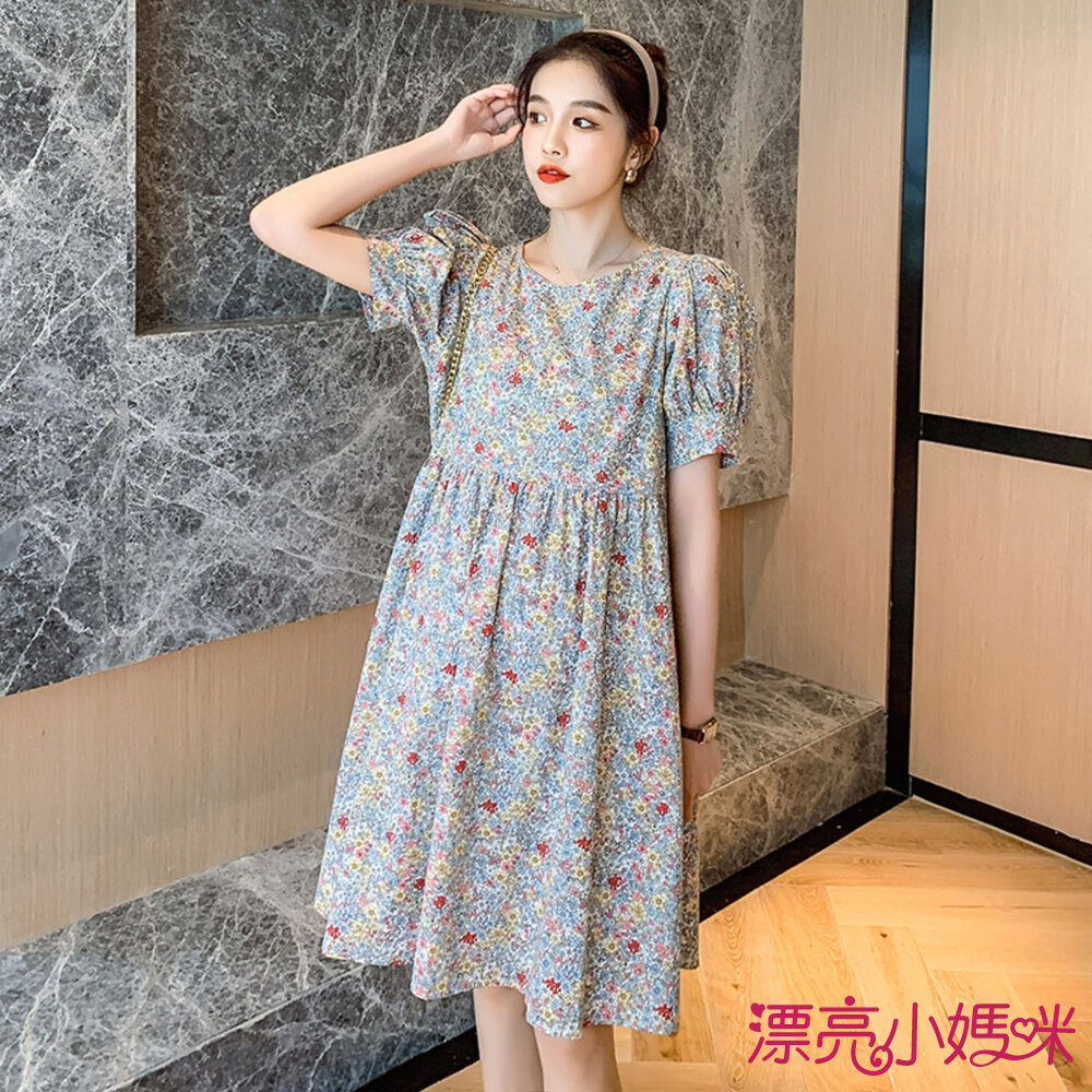 D2811-【D2811】 夏日 花色 薄款 透氣 洋裝 碎花 短袖 孕婦裝 包袖 洋裝 實拍