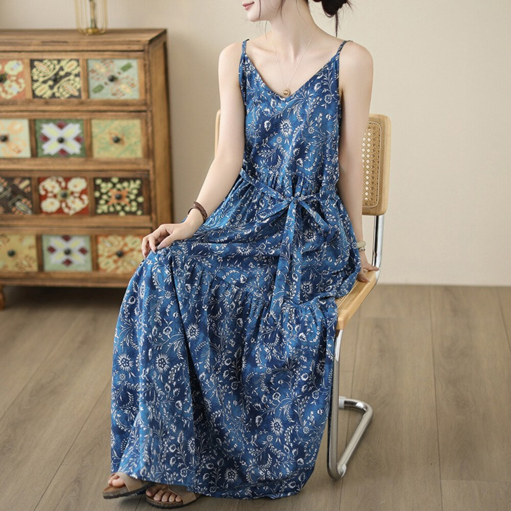 【D2816】 夏日 波西米亞 海邊 度假風 印花 沙灘裙 洋裝 連身裙 無袖 露肩 吊帶裙 實拍 文藝 封面照片