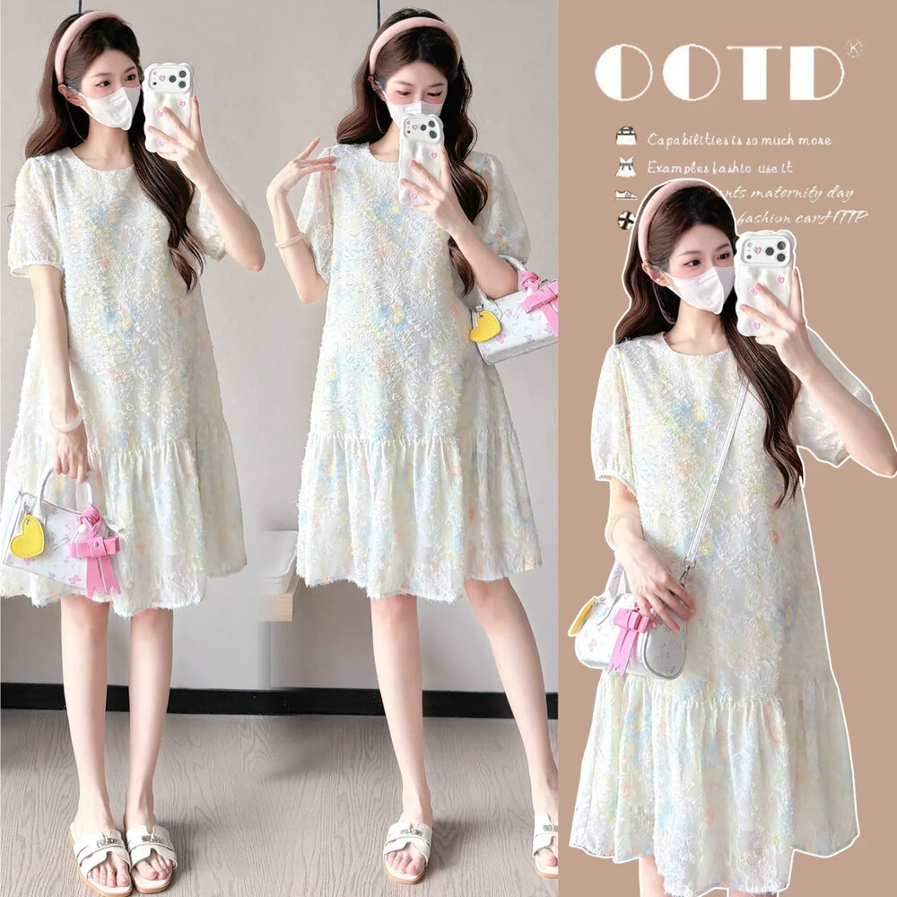  【D2832】 夏日 韓系 甜美 緹花 實拍 短袖洋裝 泡泡 短袖 孕婦裙 孕婦裝 娃娃裝