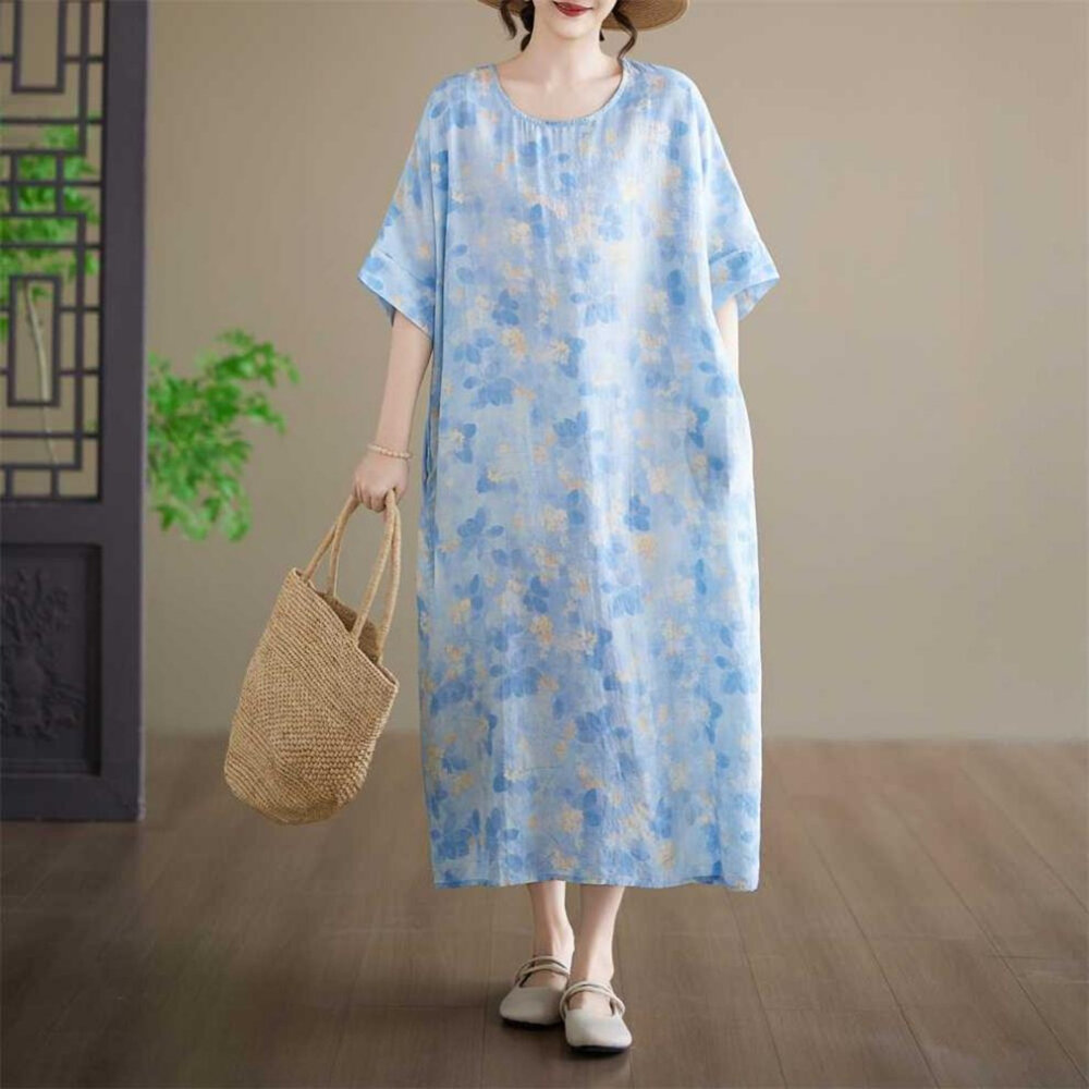  【D3167】 夏日 棉麻 短袖 花卉 印花 洋裝 長裙 中大尺碼 連衣裙 實拍 文藝 寬鬆