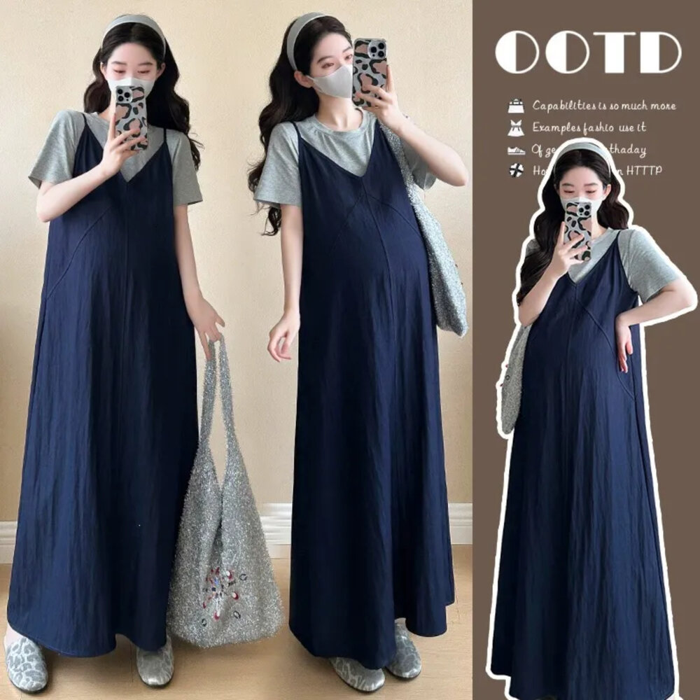  【D3233】 夏日 寬鬆 吊帶長裙 長款 洋裝 短袖 孕婦裝 洋裝 實拍 吊帶裙 不含上衣