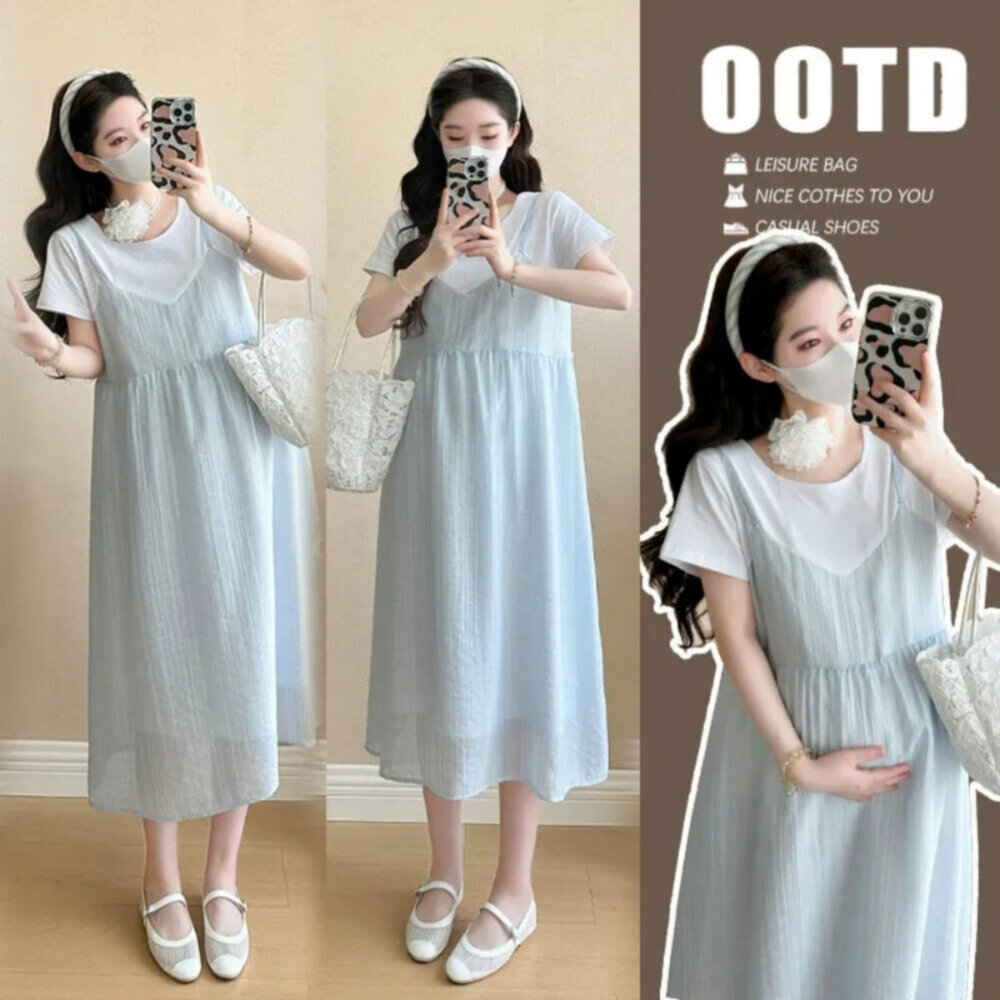 【D3552】 夏日 假兩件 短袖 中長款 連身裙 假二件 寬鬆 洋裝 孕婦洋裝 孕婦裝 封面照片