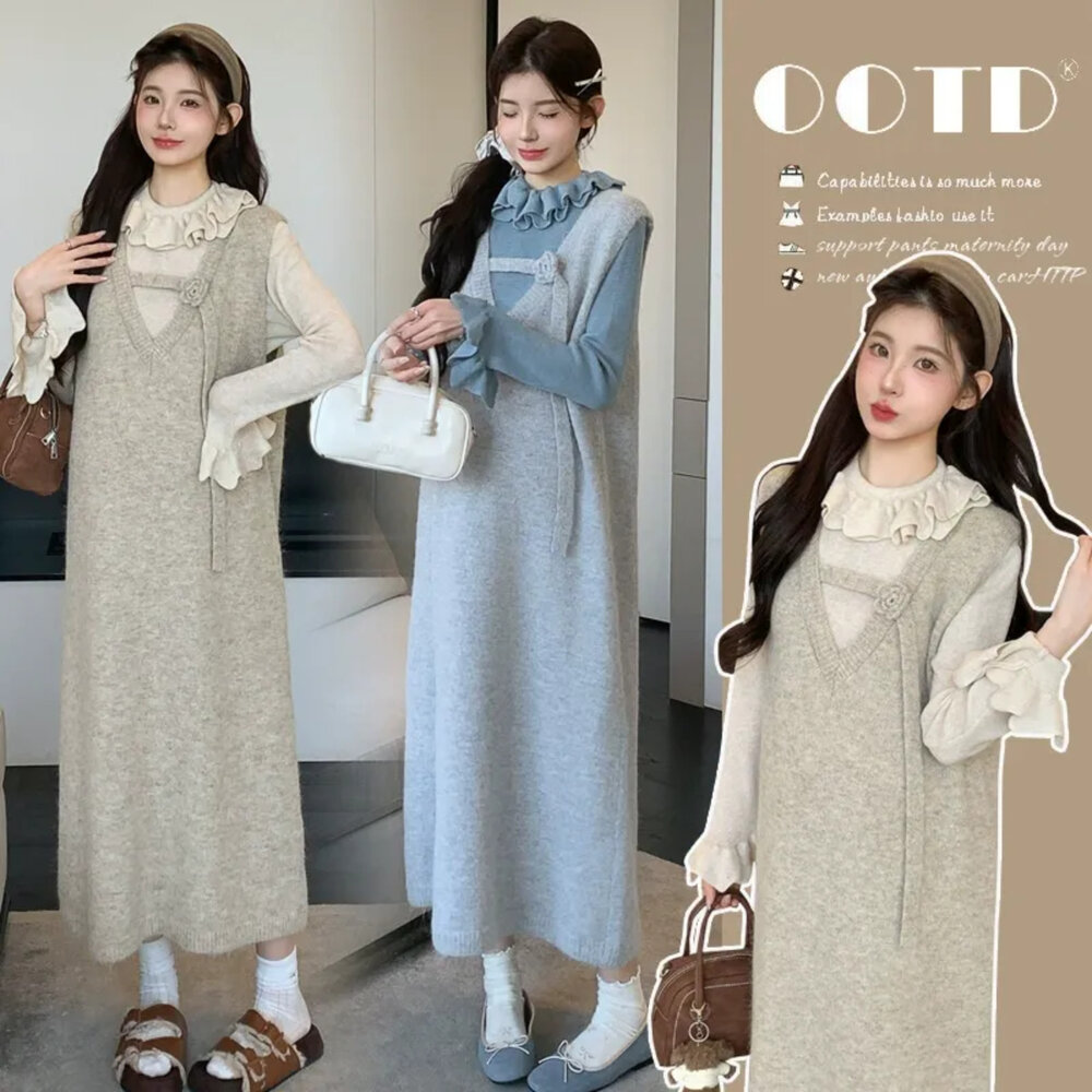 D3776-【D3776】秋冬 V領 造型花 針織 毛衣 背心長裙 無袖 孕婦裝 背心裙 背心洋裝 長裙 不含上衣