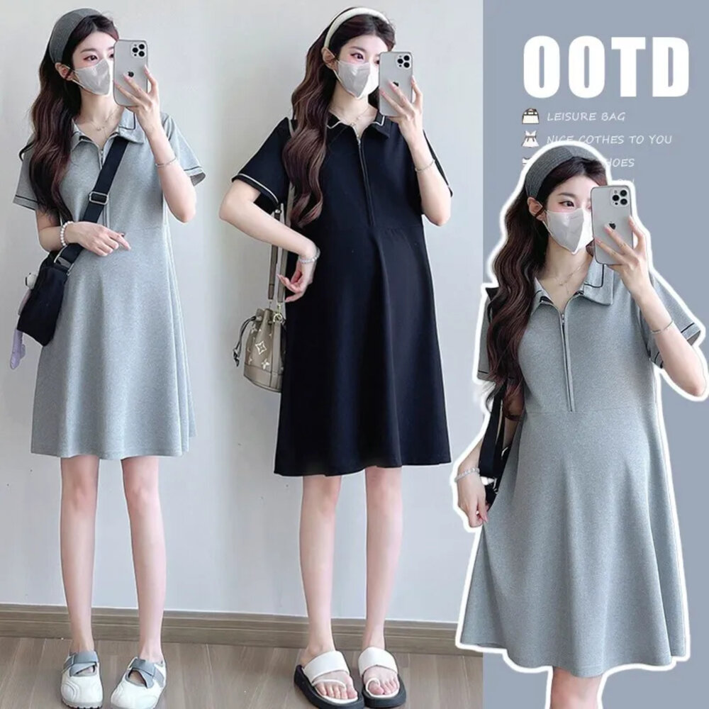  【D3779】 夏日 運動風 POLO領 薄款 韓系 實拍 短袖洋裝 拉鍊 翻領 休閒 短袖 孕婦裙 孕婦裝 娃娃裝