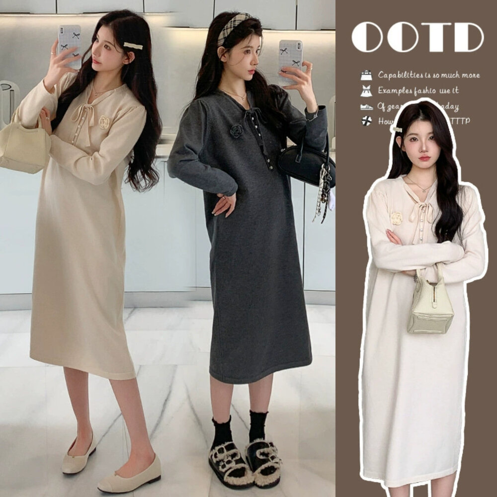 D3797-【D3797】秋冬 韓系 V領 甜美 花朵 繫帶 釘珠 針織 長裙 洋裝 長袖 毛衣 孕婦裝 實拍