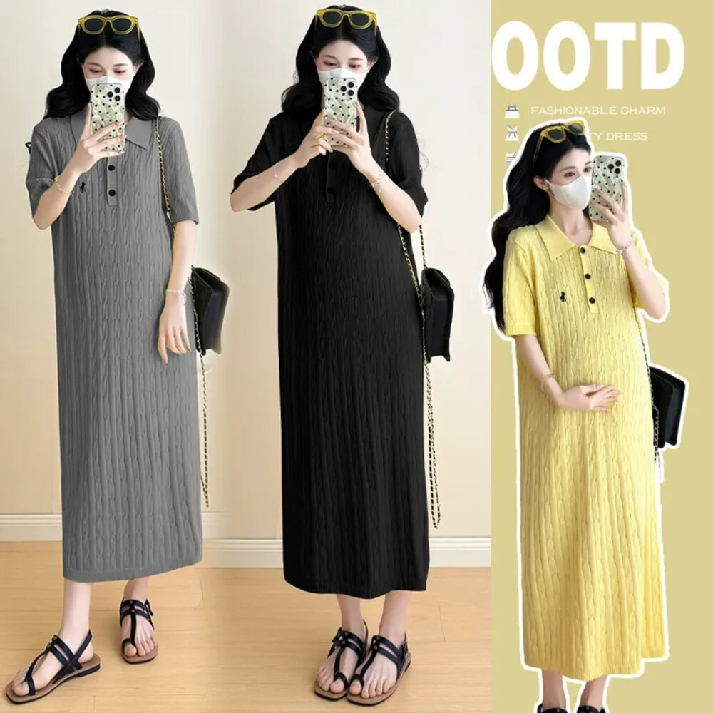 D3980-【D3980】 夏日 開扣 翻領 短袖 孕婦裝 連衣裙 洋裝 長裙
