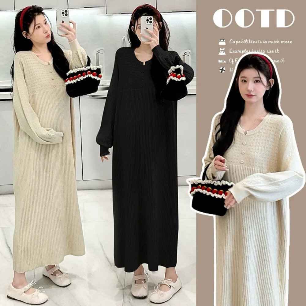 【D4295】秋冬 韓系 寬鬆 針織 洋裝 燈籠袖 泡泡袖 針織 長袖 毛衣 孕婦裝 長裙洋裝 實拍