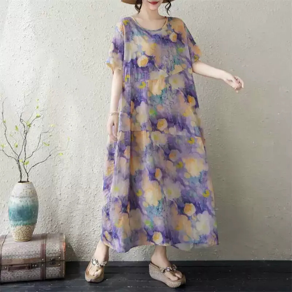  【D4389】 夏日 度假風 花朵 印花 棉麻 洋裝 連身裙 短袖 長裙 寬鬆 韓系 實拍 文藝
