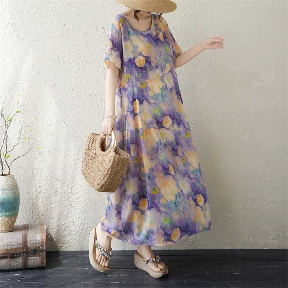 D4389-【D4389】 夏日 度假風 花朵 印花 棉麻 洋裝 連身裙 短袖 長裙 寬鬆 韓系 實拍 文藝