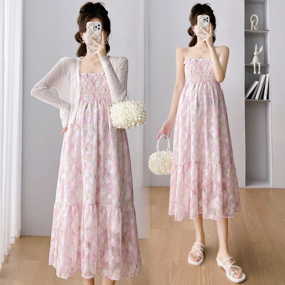 D5040-【D5040】 春夏 法式 雪紡 碎花 吊帶洋裝 長裙 連身裙 防晒 實拍 (不含針織外套)