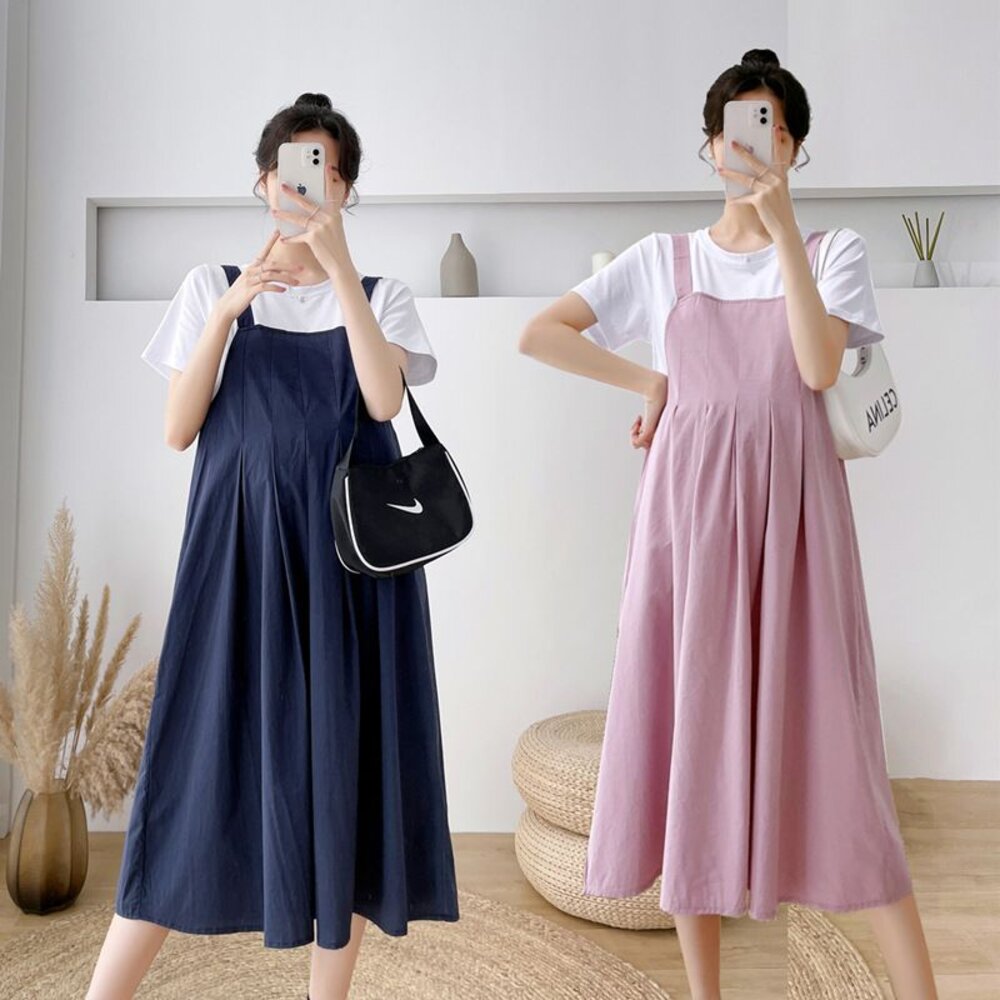 【D5226】 夏日 假兩件 拼接 連衣裙 假二件 背心裙 造型 短袖 長裙 連身裙 長洋裝-圖片-1