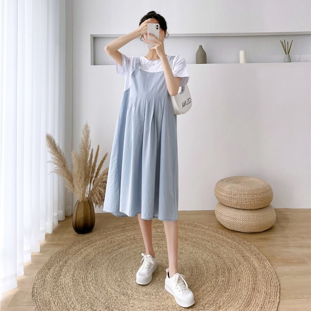 【D5226】 夏日 假兩件 拼接 連衣裙 假二件 背心裙 造型 短袖 長裙 連身裙 長洋裝-圖片-2