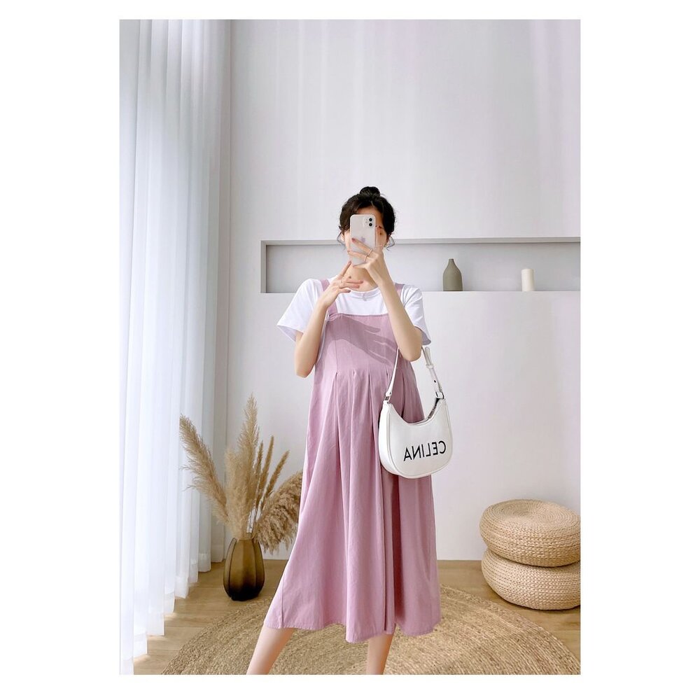 【D5226】 夏日 假兩件 拼接 連衣裙 假二件 背心裙 造型 短袖 長裙 連身裙 長洋裝-圖片-11