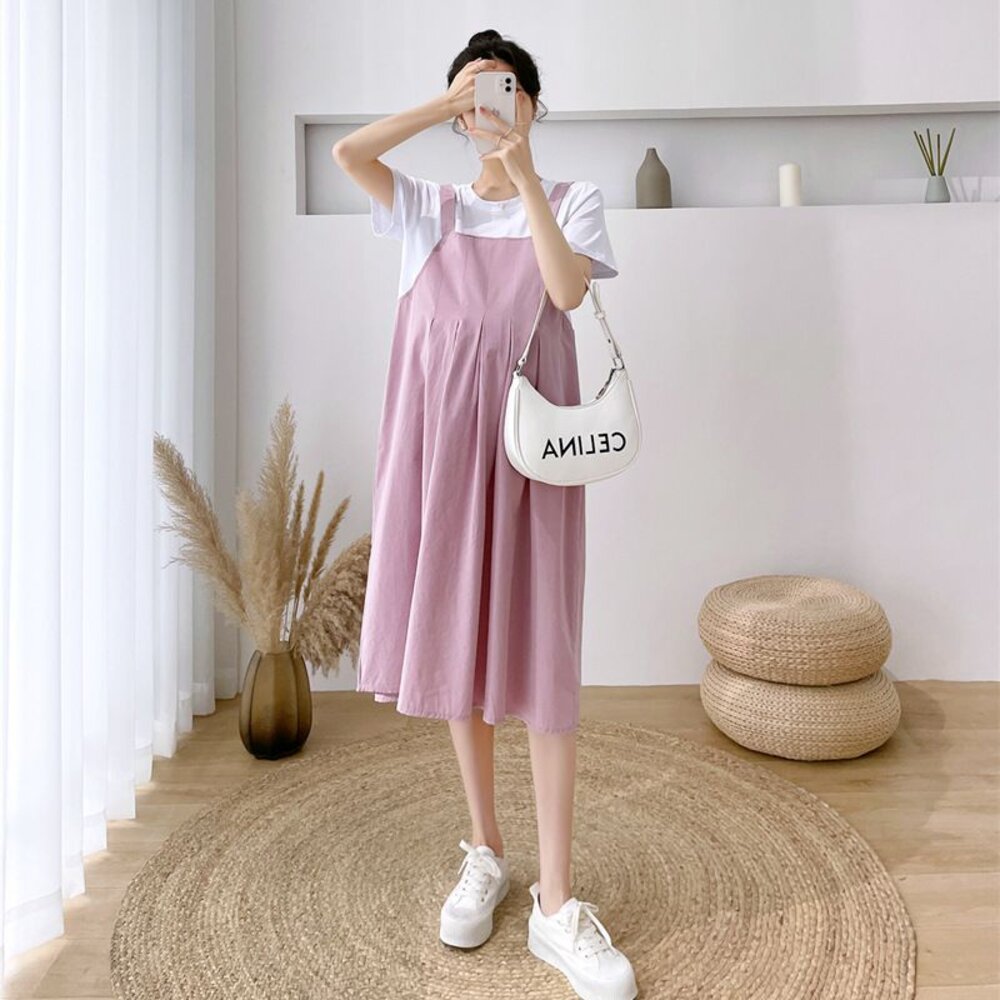 【D5226】 夏日 假兩件 拼接 連衣裙 假二件 背心裙 造型 短袖 長裙 連身裙 長洋裝-圖片-4