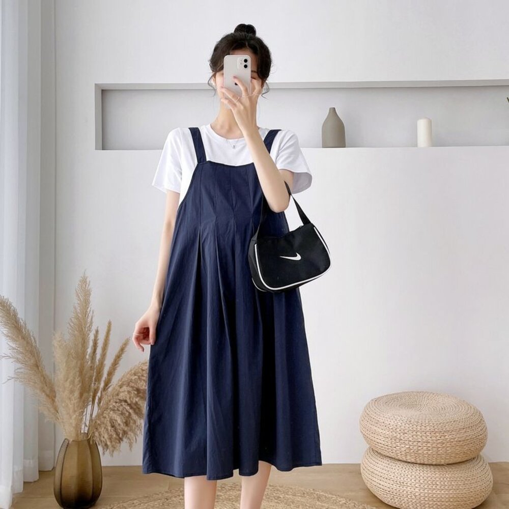 【D5226】 夏日 假兩件 拼接 連衣裙 假二件 背心裙 造型 短袖 長裙 連身裙 長洋裝-圖片-6